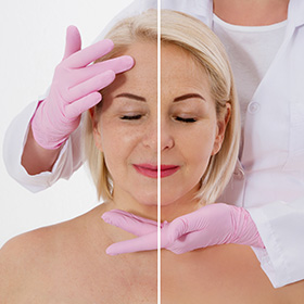 a beautician with their hands around the face of a woman showing the before and after of a wrinkle reduction treatment