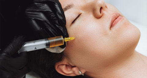 a woman receiving a PRP injection to her cheek from a black-gloved beautician